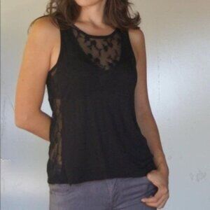 Black Sleeveless Top w/ Floral Sheer Lace Details On Chest & Sides Size S